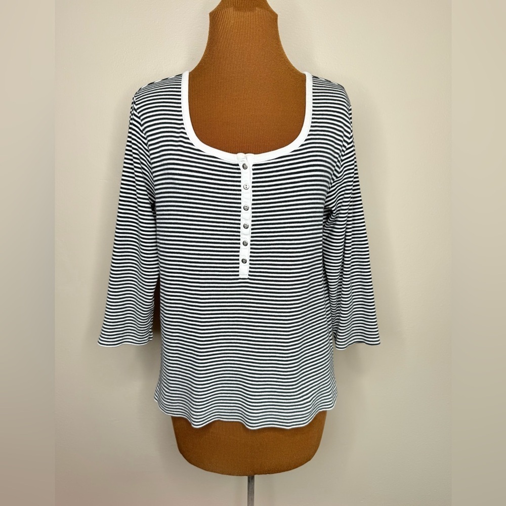 Chico's Black and White Striped Blouse 3/4 Length Sleeve Size Large